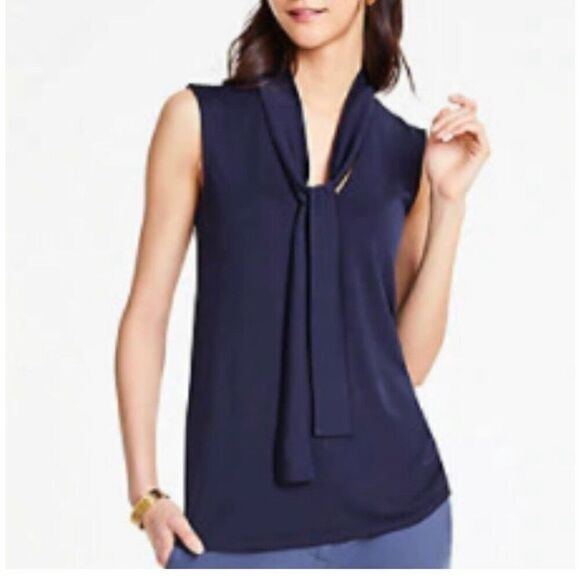 Ann Taylor women’s navy blue matte jersey necktie Blouse size small - Picture 1 of 4